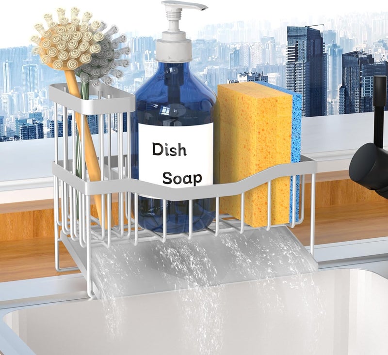 Fssvcd Maifan Sink Caddy Sponge Holder for Kitchen with Brush Holder and Stainless Steel Self Drain Tray, Rustproof Kitchen Sink Organizer for Sponge, Soap Dispenser Storage Accessories (Lacquer Silver) | Sponge Holder, Brush Holder, Self Drain Tray, Rustproof, Sponge, Soap Dispenser - Image 1